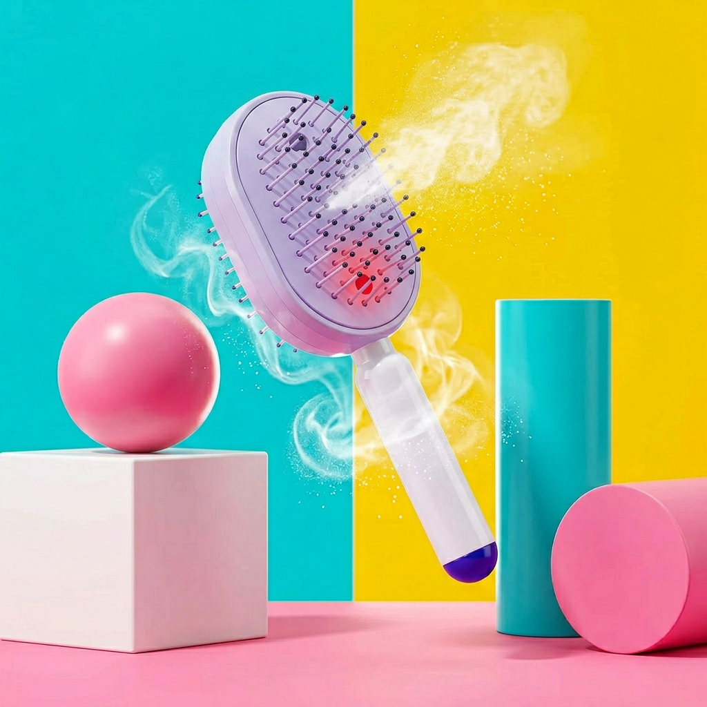 Mistly electric misting hair brush spraying a fine nano-mist for frizz-free, hydrated hair