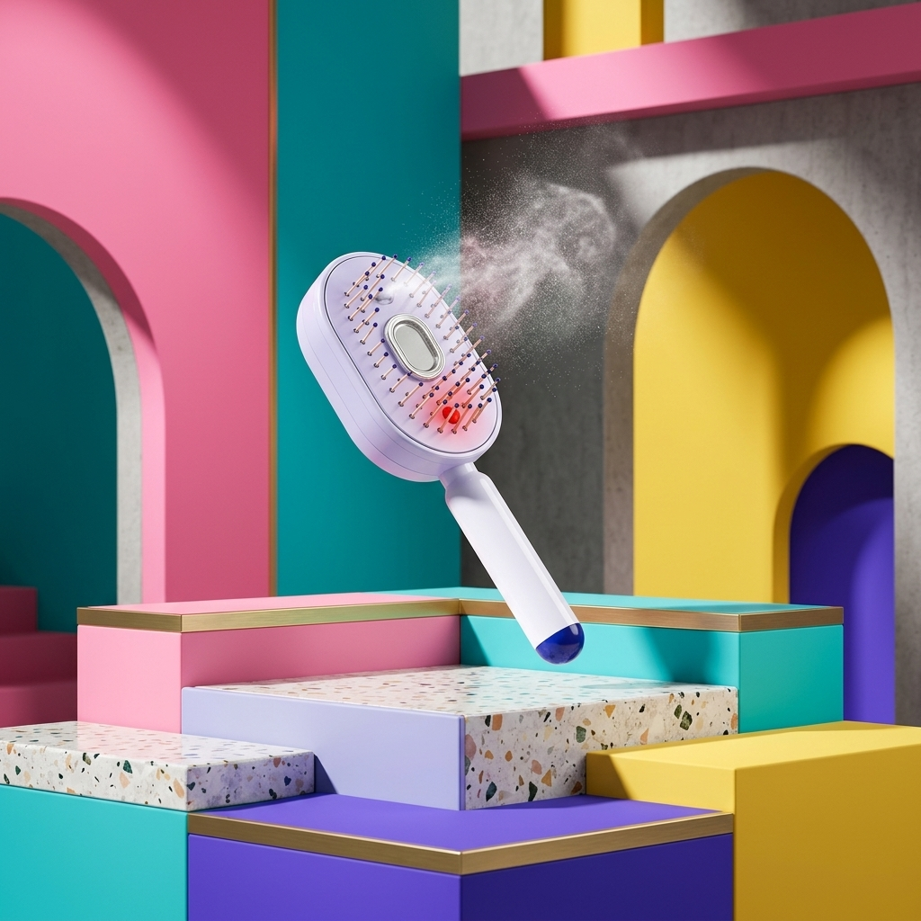 Woman misting and brushing her hair with the purple Mistly hair brush