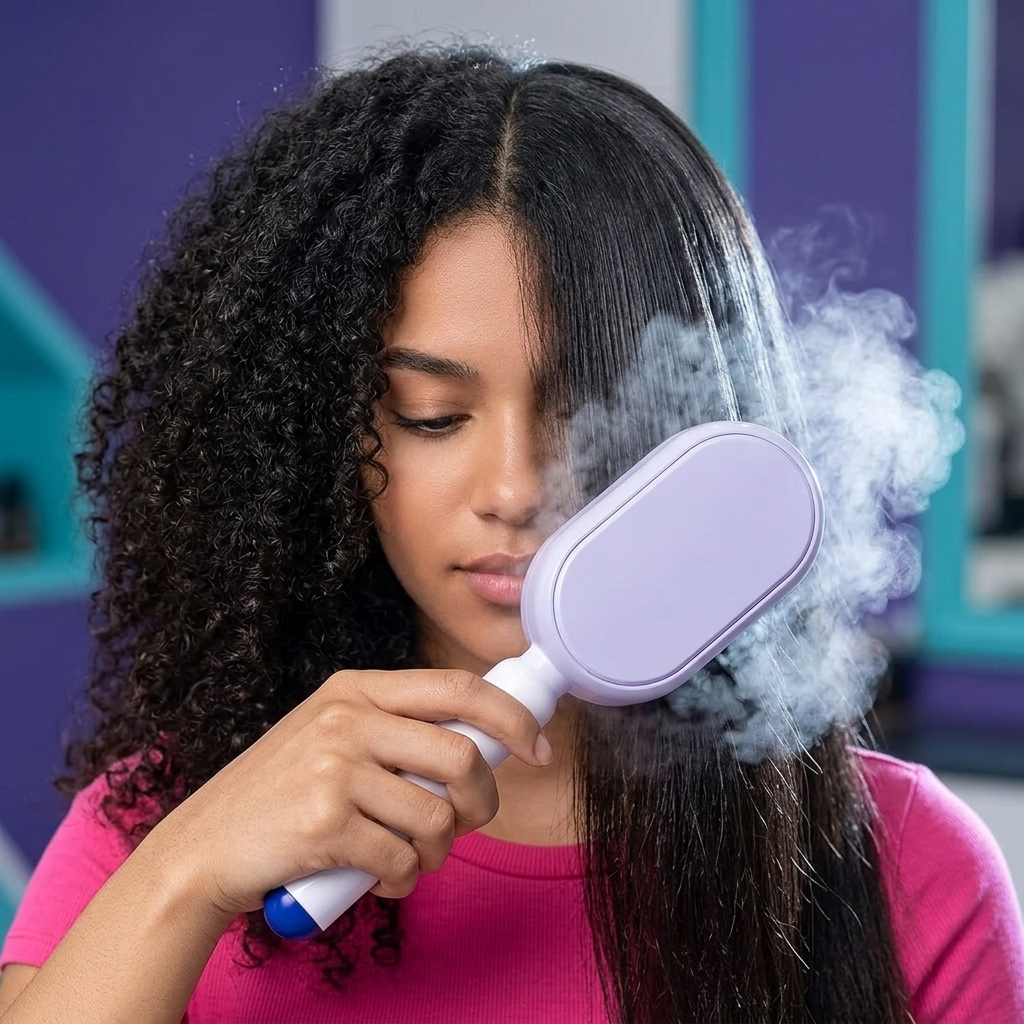 Close-up of the Mistly misting brush hydrating curly hair for definition and moisture