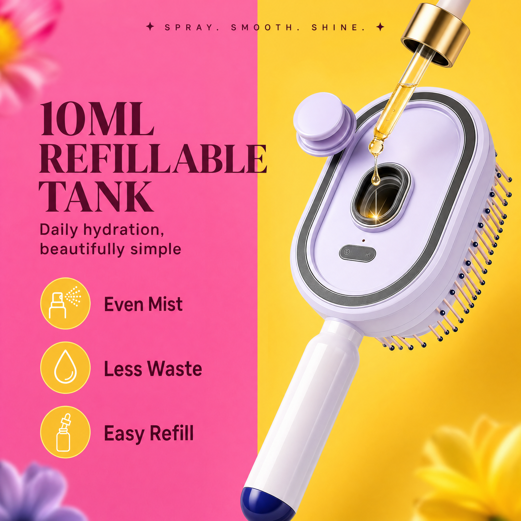 Mistly USB-rechargeable misting hair brush in use for salon-smooth hair